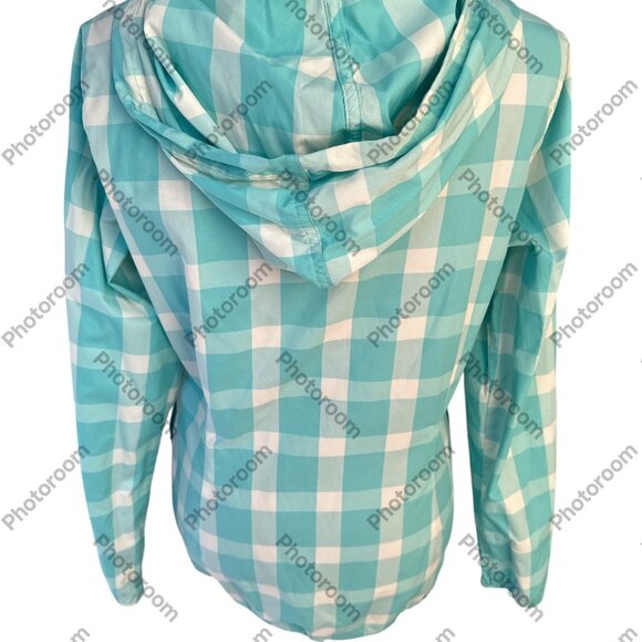 Patagonia Medium Blue & White Checked Zip Long Sleeve Hooded Windbreaker - Picture 3 of 5